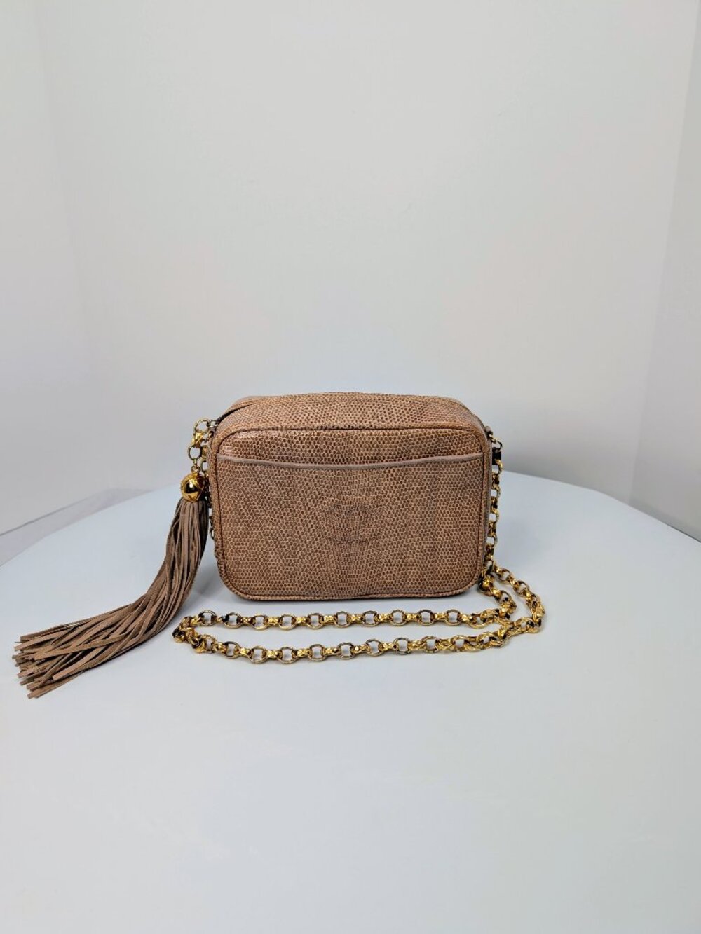 Chanel Vintage Beige Lizard Skin Bijoux Chain Tassel Camera Bag with 24K Gold-Pl